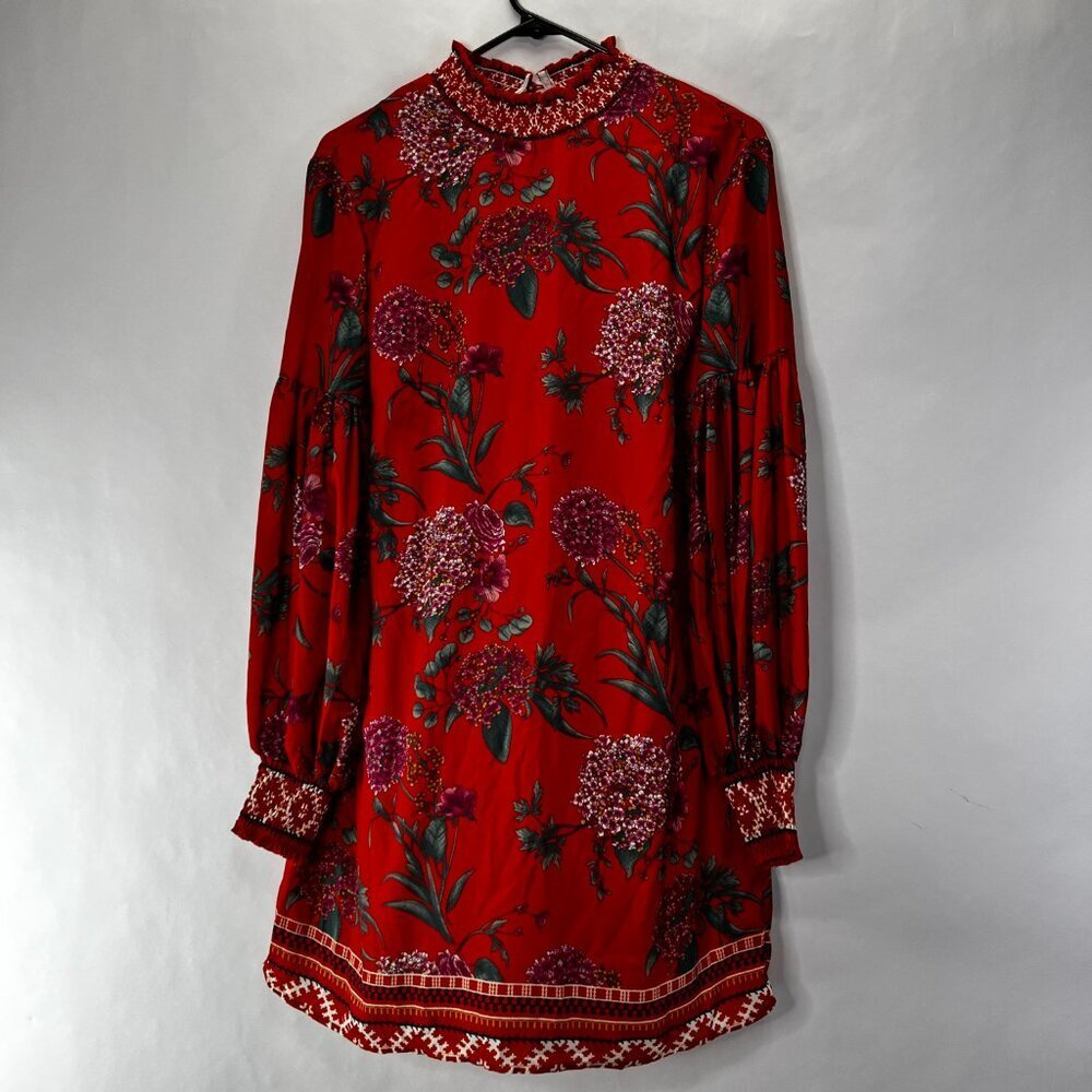 Flying Tomato Burnt Orange Floral Summer dress Size M Mock Neck Bubble Sleeve